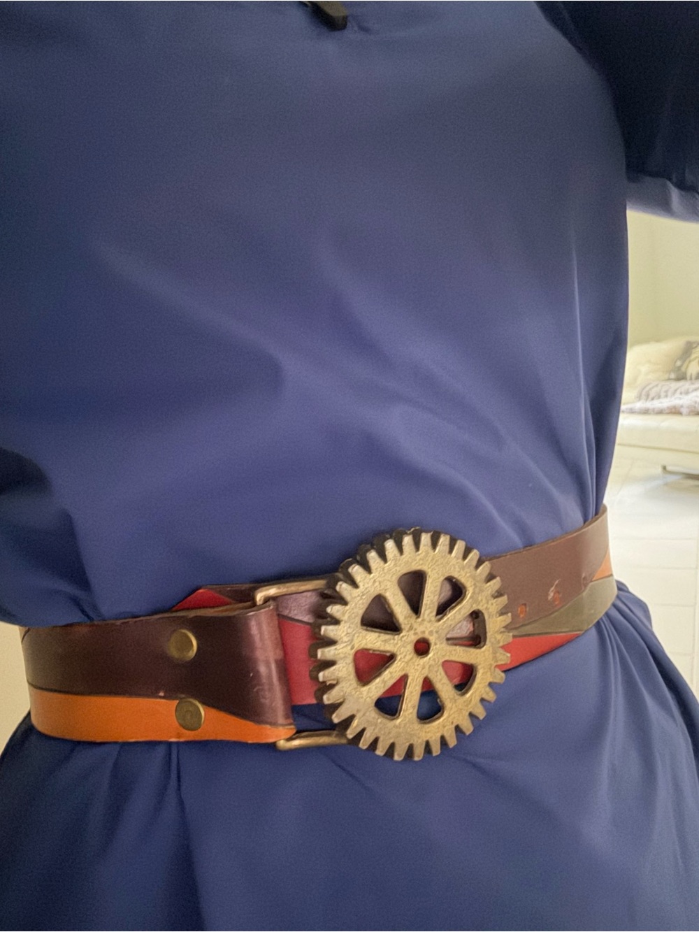Vintage multi color Leather Belt with Brass Gear Buckle size small